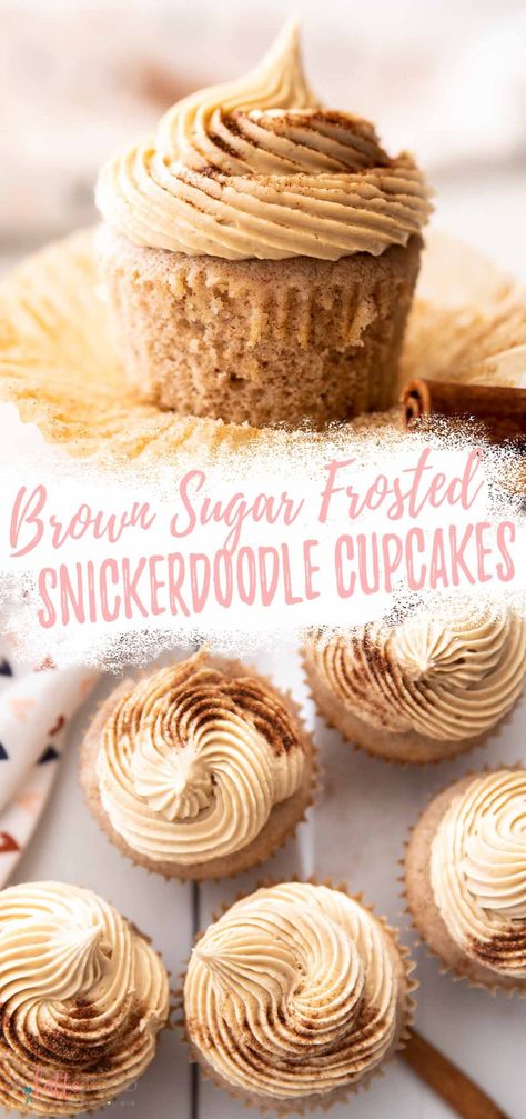 Snickerdoodle Cupcakes with Brown Sugar Buttercream - A Latte Food Cinnamon Cupcakes Recipe, Brown Sugar Buttercream Frosting, Fall Cupcakes Recipes, Snickerdoodle Recipes, Brown Sugar Buttercream, Snickerdoodle Cupcakes, Snickerdoodle Cake, Homemade Cupcake Recipes, Cupcake Recipes From Scratch