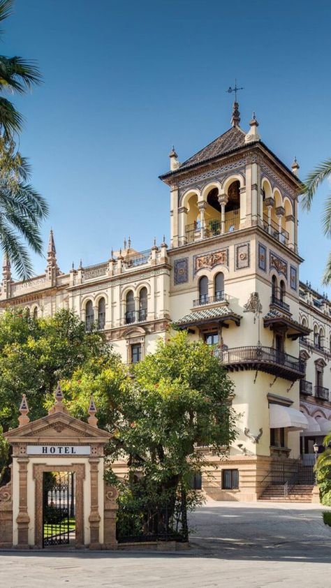 Spanish Palace, Travel Interior Design, Mediterranean Hotel, Spain Seville, Andalusian Architecture, Off The Mark, Hotel Exterior, Neoclassical Architecture, Elegant Hotel