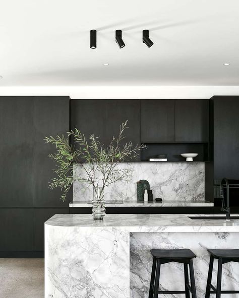 Inside Out - With its dramatic monochrome palette and... Grey Kitchen Decor, Modern Kitchen Design Trends, Monochrome Kitchen, Modern Black Kitchen, St David, Contemporary Barn, Black Kitchen Island, Modern Kitchen Island, Kitchen Decor Ideas