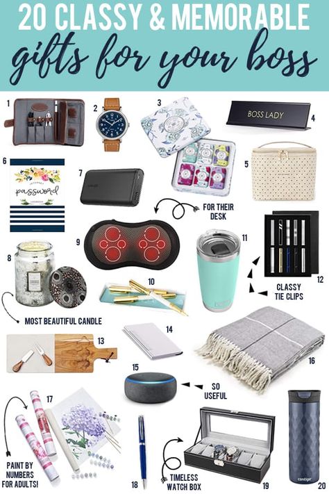 The 20 best, most memorable gifts for your boss that are sure to impress and score you points! #whiteelephant #gifts #christmas #boss #work #office | happymoneysaver.com Gift Basket For Boss For Men, Boss Gifts For Christmas, Gifts For Your Boss Men, Thank You Gift For Boss, Boss Christmas Gift Ideas Male, Boss Gifts Ideas Female, Gift To Boss, Gifts For Boss Woman, Gift For Boss Woman