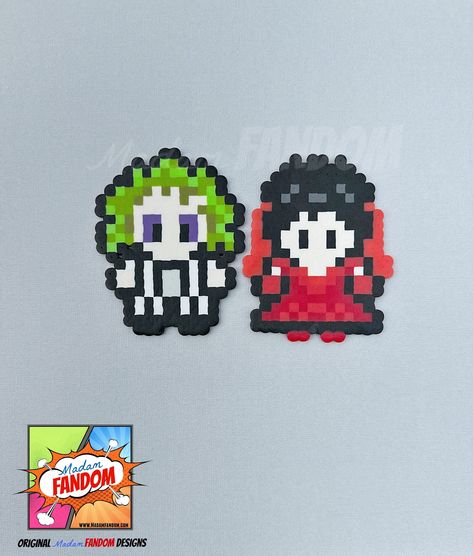 Our HANDMADE Beetlejuice magnets make fantastic gifts or party favors that will delight any fan!  ★ Each character is ORIGINAL Madam FANDOM Pixel FanArt! I pride myself on creating my own bead patterns so that I can offer you a truly unique item to gift to friends, or treat for yourself! M E A S U R E M E N T S ∙ (w x h) ▪Beetlejuice - 3 1/3" x 4" ▪Lydia - 3 1/3" x 4" M O R E ∙ D E T A I L S ★ Magnets have a small, heavy-duty magnet glued to the back - ready for use! T U R N A R O U N D ∙ T I M Halloween Decorations Perler Beads, Halloween Perler Bead Coasters, Beetle Juice Perler Bead Pattern, Perler Bead Ideas Halloween, Doodle Bob Perler Beads, Lumpy Space Princess Perler Beads, Patterns For Perler Beads, Perler Bead Big Patterns, Peeler Beads Patterns Hello Kitty