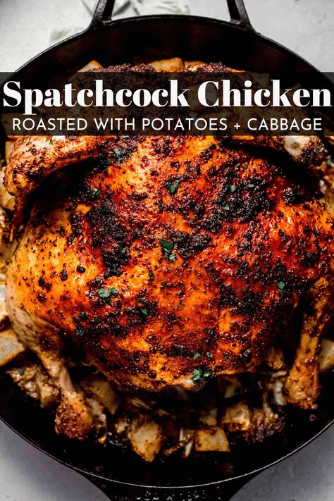 This Roasted Spatchcock Chicken with Potatoes & Cabbage cooks up in one skillet for an easy, delicious dinner perfect for weeknight meals. Lemon Herb Roasted Chicken, Roasted Spatchcock Chicken, Spatchcocked Chicken, Potatoes Cabbage, Chicken With Potatoes, Spatchcock Chicken, Herb Roasted Chicken, Dinner Chicken, Lemon Herb