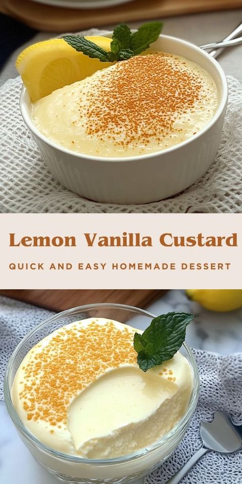 Quick and Easy Homemade Dessert: No-Bake Lemon Vanilla Custard Ingredients: 400 ml (13.5 fl oz) milk Zest of 1 lemon 1 teaspoon vanilla sugar 2 egg yolks 40 g (1.4 oz) sugar 15 g (0.5 oz) cornstarch Juice of 1 lemon 100 g (3.5 oz) condensed milk Cinnamon, cocoa, or chocolate for decoration #Custard #Lemon Lemon Custard Pudding, No Egg Desert, Quick Condensed Milk Desserts, Lemon Custard Desserts, Whipped Condensed Milk, Lemon Delicious Pudding, Easy Lemon Desserts 3 Ingredients, Condensed Milk Desserts Easy, Uses For Egg Yolks