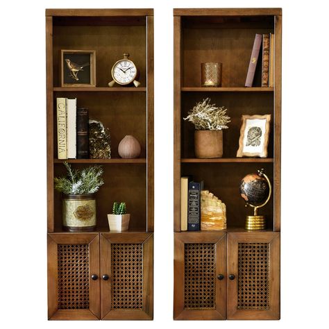 Floating Cane Bookshelf Set Storage Bookcases Item Number: 89275-89275 Set of 2! The Sugar Cane is a unique bookcase meticulously handcrafted from REAL wood. It embellishes any space with a sleek, modern and clean design. The one-of-a-kind natural wood grain enhances the beauty and singularity of each and every console. The Solid Poplar Framing and Genuine Birch Plywood adorns the high-end nature of this bookshelf. The front of each door features natural woven cane. This high quality handcrafted Vintage Display Shelf, Wood Built Ins Living Room, Tv Bookcase Wall, Cane Bookshelf, Tv And Bookcase Wall, Cottagecore Bookshelf, Bookshelf Bench, Bookcases Ideas, Storage Bookcases