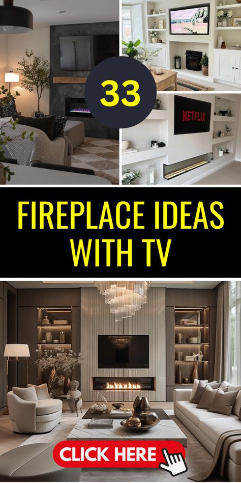 33 Fireplace Ideas with TV: Ultimate Living Room Enhancements - placeideal.com Styling Around Fireplace, Feature Wall With Tv And Fireplace, Electric Fireplace Floating Shelves, Built In Tv And Fireplace Wall, Electric Fireplaces Ideas, Mounted Electric Fireplace Ideas, Small Electric Fireplace Ideas, Wall Mounted Electric Fireplace Ideas, Gas Fireplace Ideas With Tv Above