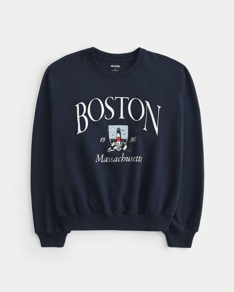 Women's Easy Boston Massachusetts Graphic Crew Sweatshirt | Women's Tops | HollisterCo.com New York Graphic, Knit Sweater Women, New York Manhattan, Comfy Crewneck, Fall Cardigan, Manhattan Bridge, Embroidered Crewneck, Fall Sweater, Boston Massachusetts