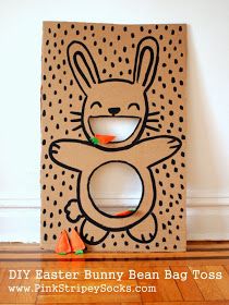 DIY Easter Bunny Bean Bag Toss game with carrot bean bags Fun Easter Games, Diy – Velikonoce, Diy Easter Bunny, Easter Games For Kids, Easter Party Games, Bunny Birthday Party, Easter Activities For Kids, Easter Hunt, Easter Games