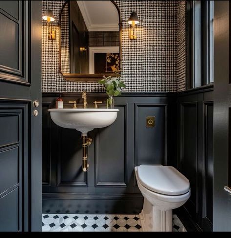 Interior Toilet Design, Victorian Home Ideas Interior, Powder Bath Sink Ideas, Bathroom Interior Design Wallpaper, Small Moody Master Bath, Moody Bathroom Wainscotting, Best Powder Rooms, Victorian Half Bath, Midcentury Powder Room Ideas