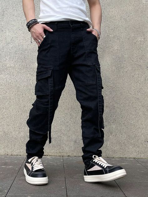 Black  Collar  Denim Plain Skinny Embellished Medium Stretch  Men Clothing Black Cargo Jeans, Black Cargo, Cargo Jeans, Men Clothing, Mens Denim, Flap Pocket, Black Denim, Mens Jeans, Denim Jeans