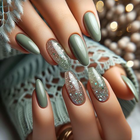 Sage Green And Dusty Blue Nails, Winter Polygel Nails, Nail Green Design, Green Gel X Nails, Sage Nails Design, Green Wedding Nails, Sage Green Nail Ideas, Nail Ideas Green, Nail Designs Green