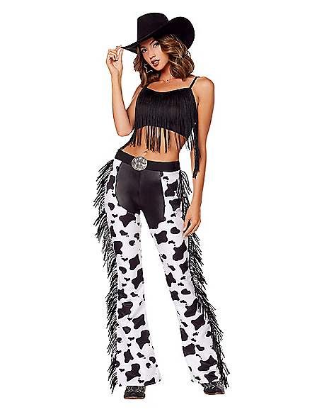 Adult Cow Print Chaps - Spirithalloween.com Cowprint Cowgirl Costume, Bariloche, Buckle Bunny Costume, Cowgirl Outfits For Halloween, Scary Cowgirl Costume, Plus Size Cowgirl Costume, Cowboy Halloween Costume Women, Disco Cowgirl Costume, Cowgirl Halloween Costumes For Women