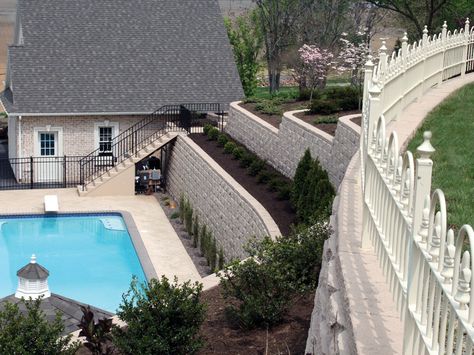 Diamond Pro® Retaining Wall System, Beveled Face Large Retaining Wall, Around The Pool Landscaping, Swimming Pool Landscaping, Spanish Architecture, Water Element, Wall Systems, Pool Landscaping, Retaining Wall, Patio Area