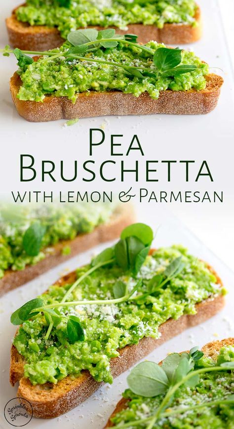 These simple Pea Bruschetta (pea crostini) make the most wonderful fresh easy appetizer. The ciabatta toast is spread with delicious pea pesto then drizzled with extra virgin olive oil and garnished with a little cheese and some lemon zest. For a boost to the fresh Spring flavors, you can add fresh pea shoots if they are available. Great for a date night appetizer or a light lunch. Pea Bruschetta, Spring Flavors, Pea Shoots, Pea Pesto, Garden Recipes, Aioli, Naan, Appetizers Easy, Clean Eating Snacks