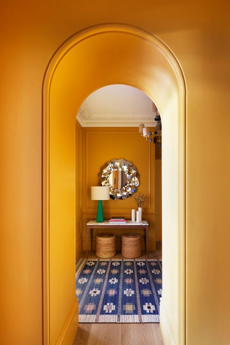 The paint colours that work well in a dark hallway | House & Garden Studio Peake, Yellow Hallway, 18th Century House, Dark Hallway, Paint And Paper Library, London Flat, London House, Yellow Walls, Timber Flooring