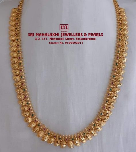 Mangamalai Haram, Gold Haram With Weight And Price, 30gms Gold Long Necklace, Light Weight Mango Haram Designs, Maanga Maalai Gold, Latest Mango Haram Designs With Grams, Mamidi Pindela Haram Gold, Light Weight Gold Haram Designs, Mango Haram Designs Gold Latest Long