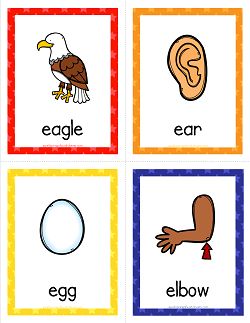 Things that start with e are eagle, ear, egg, elbow, elephant, elf, envelope & eraser - & those are the words on these cards! Great for beginning sounds. Science Worksheets For Kindergarten, Alphabet Word Wall Cards, Alphabet Word Wall, Preschool Alphabet Printables, Letter Flashcards, Phonics Flashcards, Letter Worksheets For Preschool, Vocabulary Flash Cards, Kindergarten Reading Activities