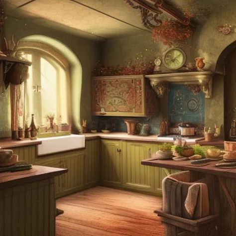 Goblincore House Interior, Witchcore Kitchen Aesthetic, Cottagecore Cabinets, Cottagecore Kitchen Aesthetic Vintage, Cottagecore Sunroom, Goblincore Kitchen, Fairycore Kitchen, Cottage Core Furniture, Cottagecore Aesthetic Bathroom