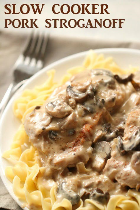 Slow Cooker Pork Stroganoff | Six Sisters' Stuff Six Sisters Stuff Recipes Slow Cooker, Slow Cooker Pork Stroganoff, Pork Stroganoff Recipes Mushroom Soup, Pork And Noodles Slow Cooker, Pork Stroganoff Crockpot, Slow Cooker Pork Casserole, Cubed Pork Recipes Slow Cooker, Pork Cutlets Crockpot, Pork Stroganoff Recipes