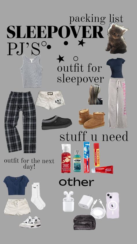 sleepover packing list!!! #sleepover #burtsbees #uggs #cherryblossomperfume #bathandbodyworks #kitty #nike One Night Trip Packing List, Packing List For One Night, Overnight Bag Essentials Boyfriend House, Sleepover Essentials Packing Lists, Sleep Over Packing List, Sleepover Bag Essentials, Overnight Bag Essentials, List Sleepover, Sleepover Packing