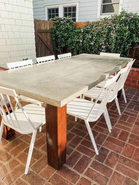 DIY Concrete Dining Table - Brianna Venzke Concrete Patio Furniture, Outdoor Concrete Table, Garcia House, Concrete Outdoor Furniture, Concrete Outdoor Dining Table, Baking Studio, Diy Concrete Patio, Concrete Outdoor Table, Patio Furniture Diy