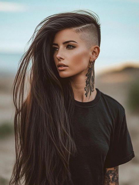 Long Hair with Shaved Sides: The Ultimate Guide to Edgy and Elegant Hairstyles Undercut Hairstyles For Long Hair, One Side Head Shaved Hairstyles, Mohawk Extensions Shaved Sides, Braids On Top Of Head Shaved Sides, Women’s Undercut Long Hair, Long Bob With Undercut Shaved Sides, Side Shave Long Hair Women, Undercut Fade Women Long Hair, Long Hair Shaved Sides Female Viking