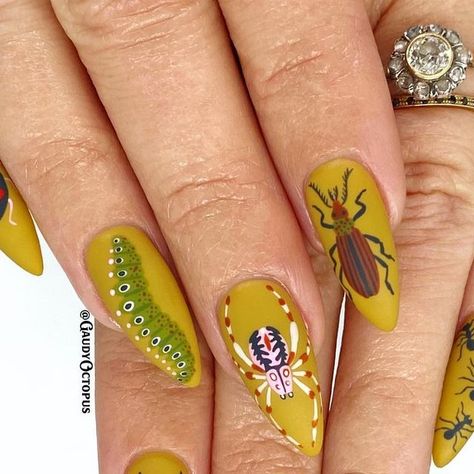 Eccentric Nail Art, Bug Nail Art Designs, Over The Garden Wall Nail Art, Bugs Nail Art, Bug Nails Acrylic, Bug Nail Designs, Bug Nails Art, Beetle Nail Art, Slug Nails