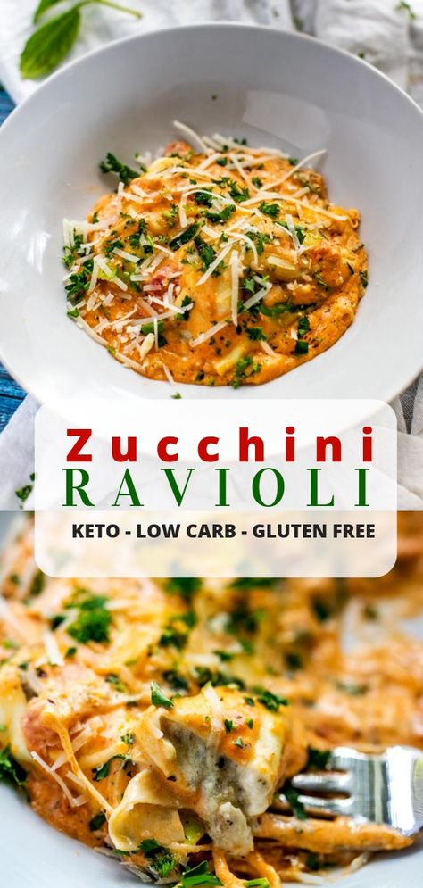 This healthy low-carb Zucchini Ravioli with Chicken recipe is a filling baked casserole that the whole family will love! I’ve made this Keto friendly dish with meat, but you can easily leave it out for a vegetarian option. #ZucchiniRavioli #Zucchini #LowCarb #Keto #WendyPolisi Ravioli With Chicken, Zucchini Ravioli, Cena Keto, Ravioli Recipe, Low Carb Casseroles, Boiled Egg Diet Plan, Low Carb Zucchini, Baked Casserole, Low Carb Gluten Free