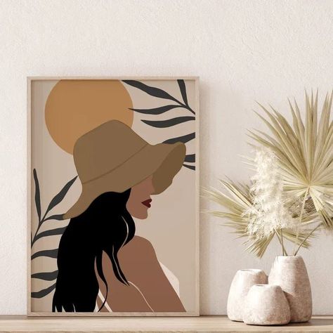 Women Painting Easy, Hat Printable, Boho Canvas Art, Boho Art Painting, Melanin Art, Black Woman Art, Minimal Painting, Boho Painting, Easy Canvas Art