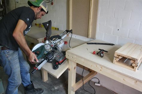 DIY Folding Miter Saw Table | Make The Most Of A Small Shop | Woodwork Junkie Saw Table, Miter Saw Table, Mitre Saw Stand, Miter Saws, Saw Stand, Used Woodworking Tools, Woodworking Tools Storage, Antique Woodworking Tools, Woodworking Tools Workshop