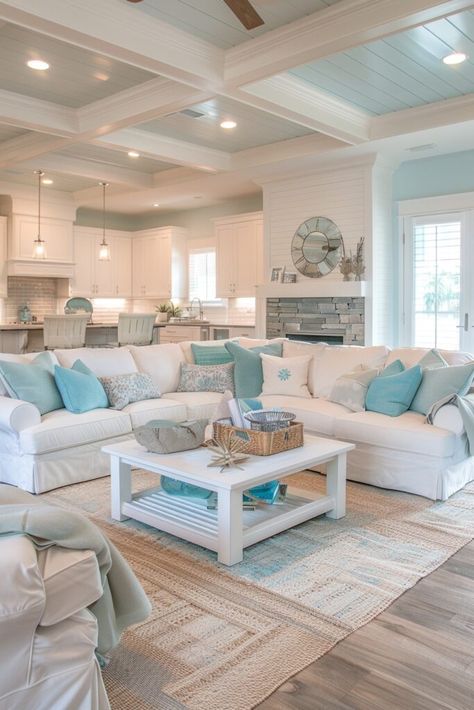 Coastal Gathering Room Coastal Living Room Decor Ideas, Coastal Kitchen Design Beach Houses, Modern Coastal Living Room Ideas, Beach House Family Room, Coastal Farmhouse Living Room, Coastal Houses, Stylish Living Room Ideas, Coastal Family Rooms, Coastal Living Room Ideas