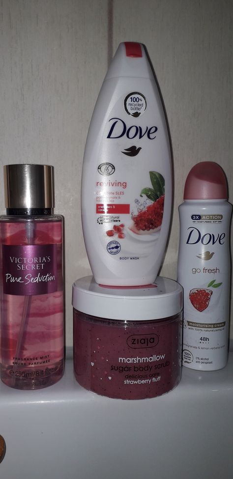 Vs Pure Seduction Body Mist, Dove Smell Good Combo, Ziaja Body Scrub, Marshmallow Body Scrub, Pomegranate Scent Combos, Dove Strawberry Body Wash, Body Hygiene Products Strawberry, Strawberry Shower Products, Pure Seduction Scent Combos