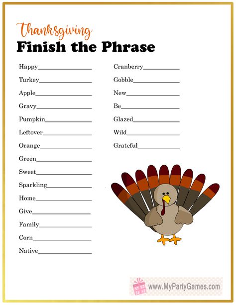 Thanksgiving Free Printable Games, Thanksgiving Party Games Free Printable, Thanksgiving Games For Family Fun Free Printable Games, Thanksgiving Word Games, Thanksgiving Games For Preschoolers, Free Thanksgiving Games Printables, Finish My Phrase Game, Thanksgiving Printables Free, Thanksgiving Free Printables