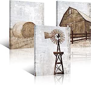 HOMEOART Farmhouse Wall Art Rustic Barn Windmill Cornfield Pictures Countryside Rural Landscape Painting Canvas Artwork Stretched and Framed Ready to Hang Home Decor 12"x16"x3 Pieces Windmill Wall Decor, Retro Painting, Barn Pictures, Country Wall Decor, Wall Art Rustic, Farmhouse Bedroom Decor, Farmhouse Wall Art, Rural Landscape, Farmhouse Wall Decor