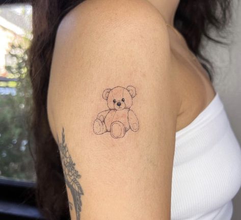 Fineline Teddy Bear Tattoo, Fine Line Teddy Bear Tattoo, Childhood Stuffed Animal Tattoo, Medium Size Tattoos For Women, Stuffed Bunny Tattoo, Teddy Bear Tattoo Small Simple, Tiny Teddy Bear Tattoo, Cute Teddy Bear Tattoo, Cheap Tattoo Ideas