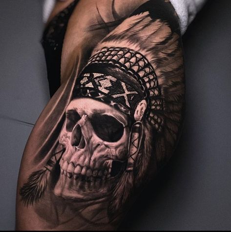 Skull In Headdress Tattoo, Skull Headress Tattoos, American Indian Skull Tattoo, Indian Chief Skull Tattoo, Indian Skeleton Tattoo, Skull Chief Tattoo, Skull And Headdress Tattoo, Skull Indian Tattoo, Native Skull Tattoo