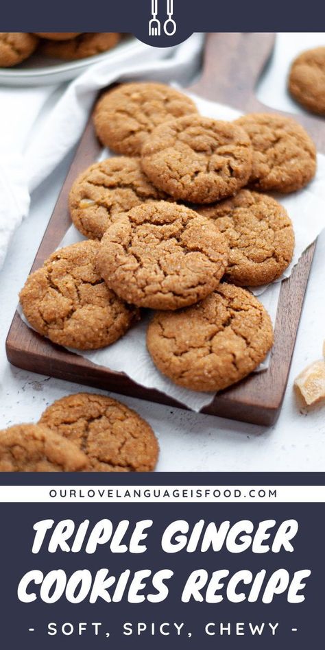 This triple ginger cookies recipe uses three types of ginger to create soft, chewy, and spicy ginger cookies. These ginger crinkle cookies are a great addition to your family's holiday baking! SAVE this post to make this recipe ASAP! #cookies #gingercookies #molassescookies #dessert Triple Ginger Cookies, Stem Ginger Cookies, Triple Ginger Cookies Recipe, Ginger Crinkle Cookies, Spicy Ginger Cookies, Cookbook Inspiration, Ginger Cookies Recipe, Spice Cookie Recipes, Soft Ginger Cookies