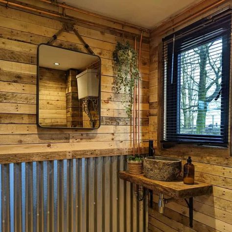 Half Tin Walls, Corrugated Metal Wall Bathroom, Tin Shower Walls Rustic Bathrooms, Tin Bathroom Ideas, Tin Walls Rustic, Galvanized Shower Walls, Tin And Wood Walls, Shed Wall Ideas, Cabin Bathroom Ideas Rustic