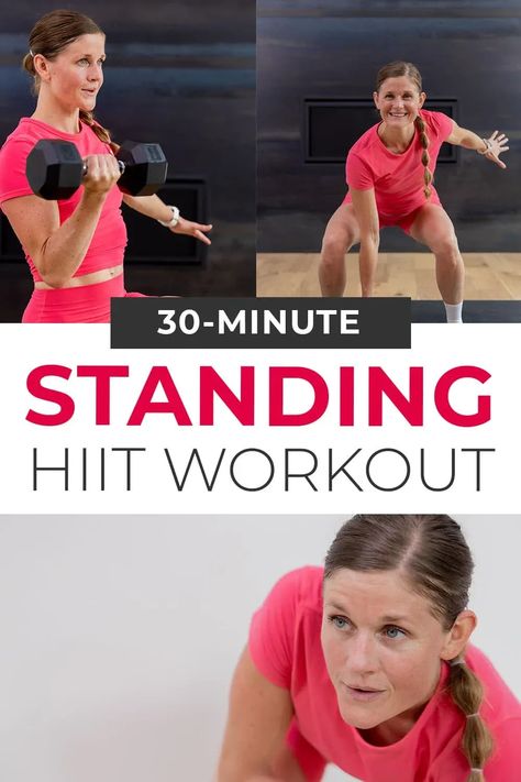 This 30-Minute HIIT Workout with Weights builds strength, burns calories and boosts metabolism, all from a standing position! Build lean muscle in the legs, glutes, arms, back, chest and core - all using just a set of dumbbells! Hiit Class Ideas, Hiit Arm Workout, 30min Workout, 30 Minute Hiit Workouts, Hiit Workouts With Weights, 30 Minute Hiit, Shred Workout, Workout With Weights, 30 Minute Cardio