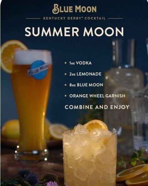 Sun Themed Drinks, Blue Moon Cocktail, Moon Cocktail, Blue Moon Beer, Summer Moon, Cocktail Drinks Alcoholic, Mixed Drinks Alcohol, Liquor Drinks, Boozy Drinks