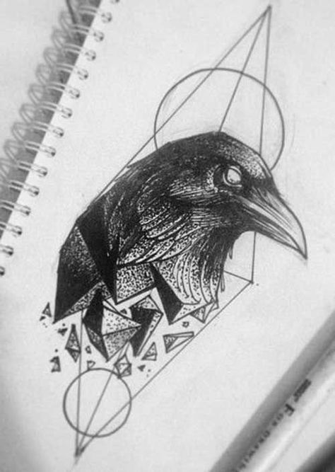 Geometric Raven Tattoos … | Raven ... Rabe Tattoo, Geometric Animal Tattoo, Unusual Tattoo, Geometric Bird, Crow Tattoo, Raven Tattoo, Desenho Tattoo, Geometric Animals, Tree Tattoo