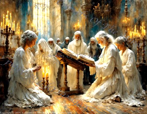 Tapestry of Faith https://cobwebsofthemind.art/collections/the-days-of-atonement-rosh-hashanah-yom-kippur-sukkot ✨🕯️ Dive into the soul-stirring world of "Whispers of Atonement" by Cobwebs Of The Mind 🎨✡️ This breathtaking digital masterpiece captures the essence of Yom Kippur, transporting you to a sacred moment frozen in time. White-robed figures gather in silent prayer, their devotion illuminated by the warm glow of countless candles. Feel the weight of tradition, community power, and spir... Silent Prayer, Yom Kippur, Sukkot, Atonement, Rosh Hashanah, Frozen In Time, The Mind, Frozen, Essence