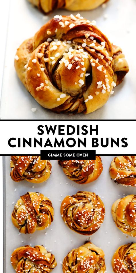 This traditional Swedish kanelbullar (cinnamon buns) recipe is made with a perfectly soft and chewy cardamom dough, a buttery cinnamon-sugar filling, and twisted into cute little knots. Top these rolls with crunchy sweet pearl sugar or any type of sugar that you have on hand! | gimmesomeoven.com #swedish #cinnamon #buns #rolls #breakfast #brunch #sweet #vegetarian #vegan Canela, Kanelboller Recipe, Swedish Food Recipes, Kanelbullar Recipe, Yule Party, Swedish Desserts, Swedish Baking, Swedish Cinnamon Buns, Cinnamon Buns Recipe