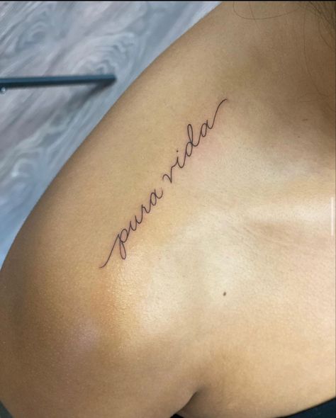 Tattoos In Spanish For Women, Spanish Cursive Tattoo, Fine Line Tattoo Ideas Spanish, Dainty Spanish Tattoo, Pura Vida Tatoos, Spanish Word Tattoos For Women, Costa Rica Inspired Tattoos, Small Text Tattoo Spanish, Puts Vida Tattoo