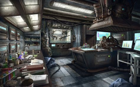 Cyberpunk(ish) workstations - photos and art - Album on Imgur Scifi Lab, Fallout 4 Concept Art, Cyberpunk Interior, Sci Fi Room, Spaceship Interior, Sci Fi Spaceships, Sci Fi Environment, Rpg Map, Science Lab