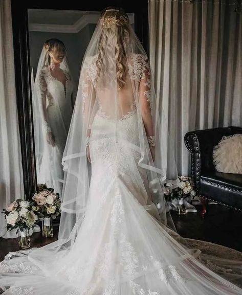 Long Cathedral Veil Brides, Wedding Hair For Low Back Dress With Veil, Wedding Hair Curly With Veil, Wedding Hairstyles With Mantilla Veil, Long Wavy Wedding Hair With Veil, Double Veil Hairstyles, Best Wedding Hairstyles For Long Hair With Veil, Wedding Hairstyles For Medium Hair With Veil, Long Hair With Wedding Veil