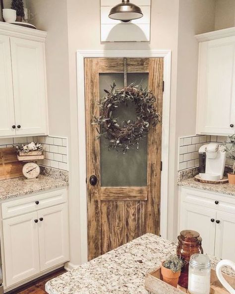 Custom Wood Doors, Farmhouse Kitchen Remodel, Rustic Farmhouse Kitchen, Kitchen Farmhouse, Pantry Door, Antique Door, Farmhouse Style Kitchen, Barn Lighting, Old Door