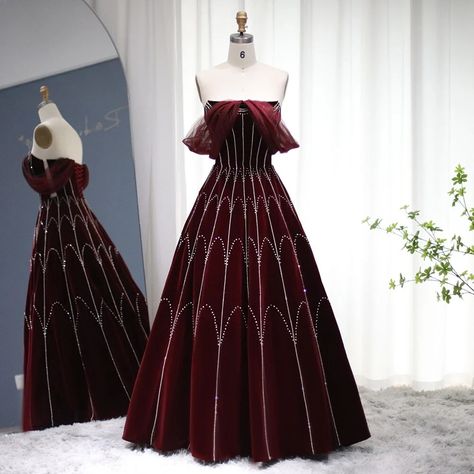 Luxury Arabic Burgundy Velvet Ball Gown Evening Dress 2023 Dubai Crystal Women Formal Party Dress for Wedding 274 – DreamyVow Evening Dresses Short Parties, Velvet Ball Gown, Strapless Evening Dress, A Line Evening Dress, Evening Dresses Short, Evening Dresses Plus Size, Burgundy Velvet, Ball Gowns Evening, Formal Party Dress