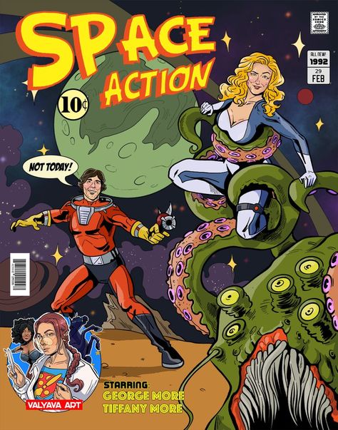 A customly made Space action comic poster in 80-s style. Was made as a personal order. A woman is captured by a horrible monster and a guy in a space suit with a gun trying aiming at the monster saying "Not today" Custom Comic Book, Monster Art, Comic Book, Printed Items, Comic Book Cover, Digital Prints, Comics, Book Cover, Art