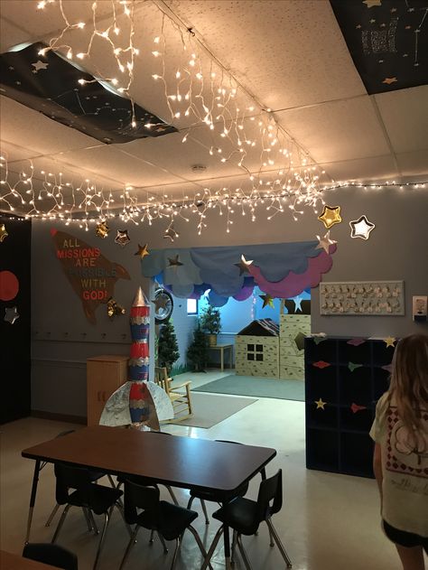 Galactic starveyors VBS 2017 Outer Space Hallway Decorations, Space Theme Hallway, Outer Space Stage Design, Outer Space Library Theme, Galactic Starveyors Vbs 2017, Space Theme Classroom, Space Classroom, Outer Space Theme, Galaxy Theme