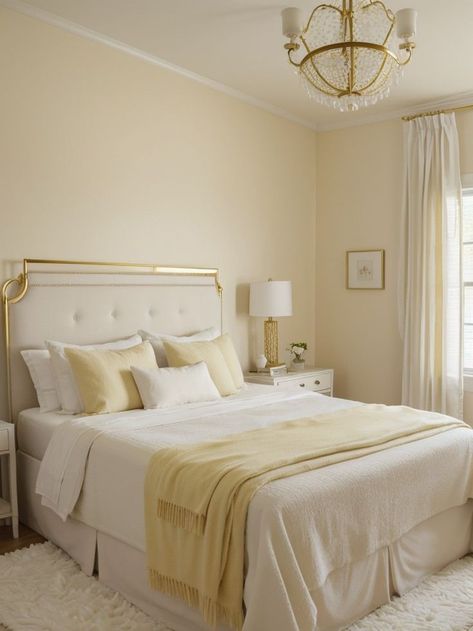 Create a soothing atmosphere with a pastel yellow accent wall, paired with a crisp white bed frame and a soft, fluffy rug. Add a touch of elegance with gold curtain rods and delicate wall sconces for a dreamy bedroom oasis. Pastel Yellow Bedroom, Yellow Accent Wall, Gold Curtain Rods, Yellow Accent Walls, Pastel Bedroom, White Bed Frame, Bedroom Oasis, White Bed, Yellow Bedroom